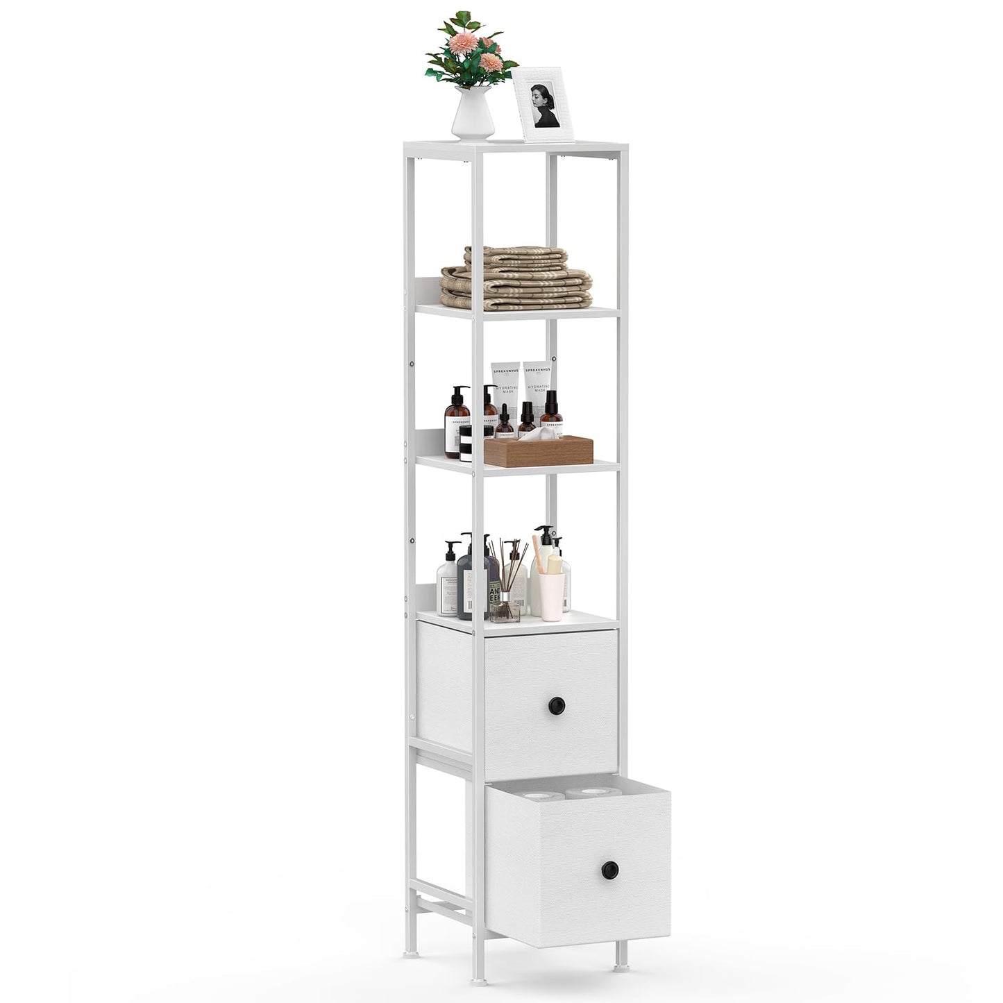 CADUKE Tall Bathroom Cabinet, Slim Storage Unit with 3 Open Wooden Shelves and 2 Fabric Drawers