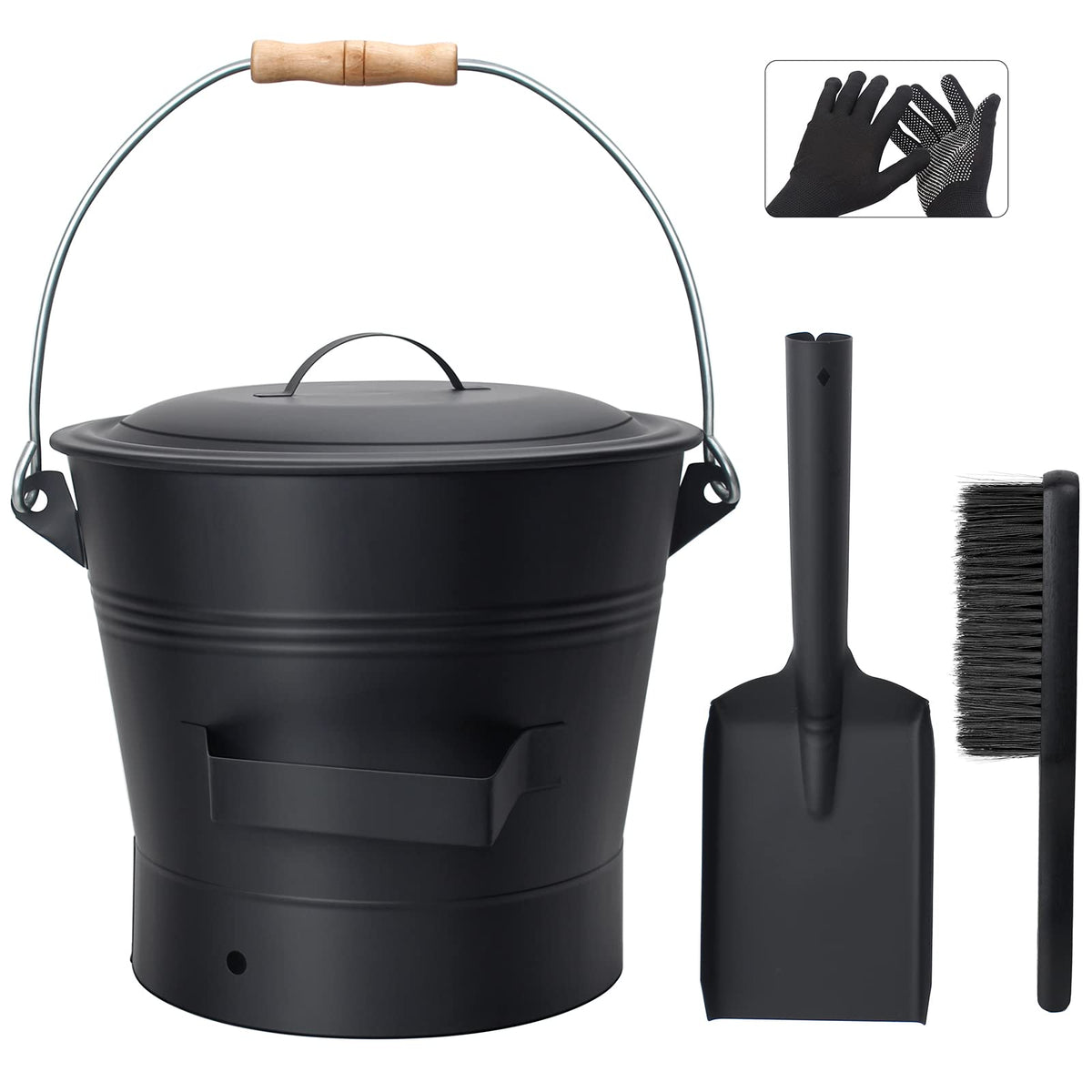 BRIAN & DANY Ash Bucket with Lid, Metal Ash Bucket for Fireplaces, 10L Coal Buckets with Shovel and Hand Broom, Tool Set Accessories, Fire Pit, Wood