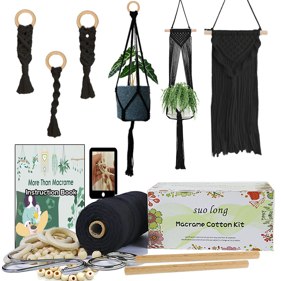 Macrame Sets for Adults Macrame kit for Making Plant Hangers with Wooden Beads Macrame Rings Metal Ring Macrame Rope Black 3mm 100M Black Macrame