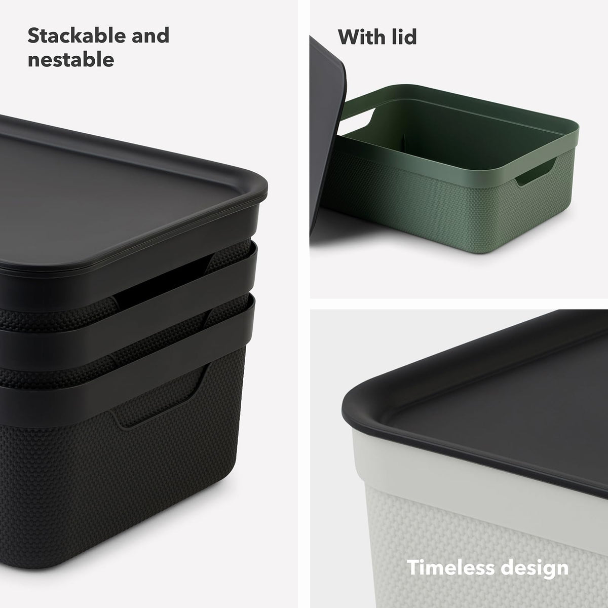 Rotho Jive Dekobox Set of 3 storage box 10l with lid, Plastic (PP recycled), 10l (37.5 x 27.8 x 13.5 cm), Green