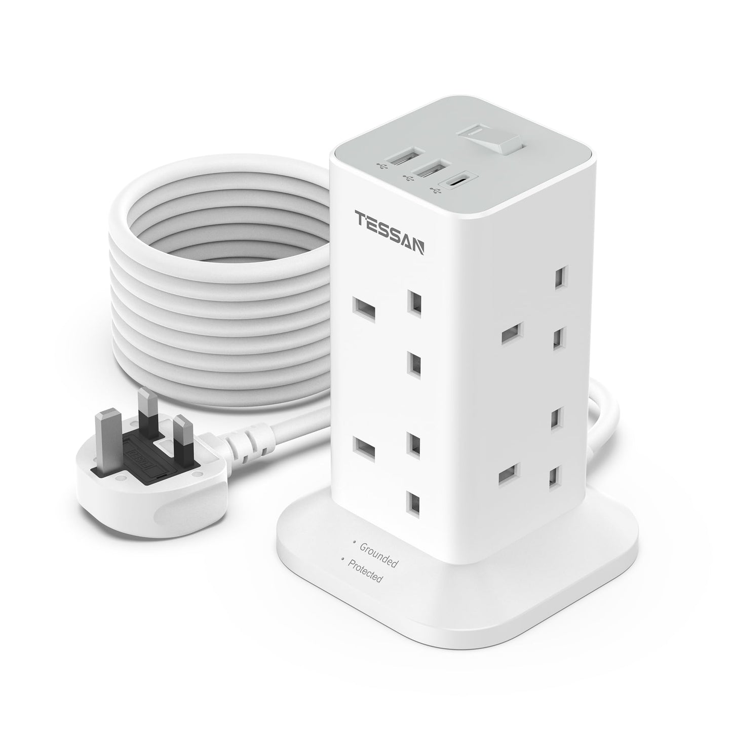 Tower Extension Lead 5M with USB C Slots, TESSAN 5 Metre Extension Cable 8 Way Multi Plug Socket, Surge Protected Power Strip with Switch for Home,