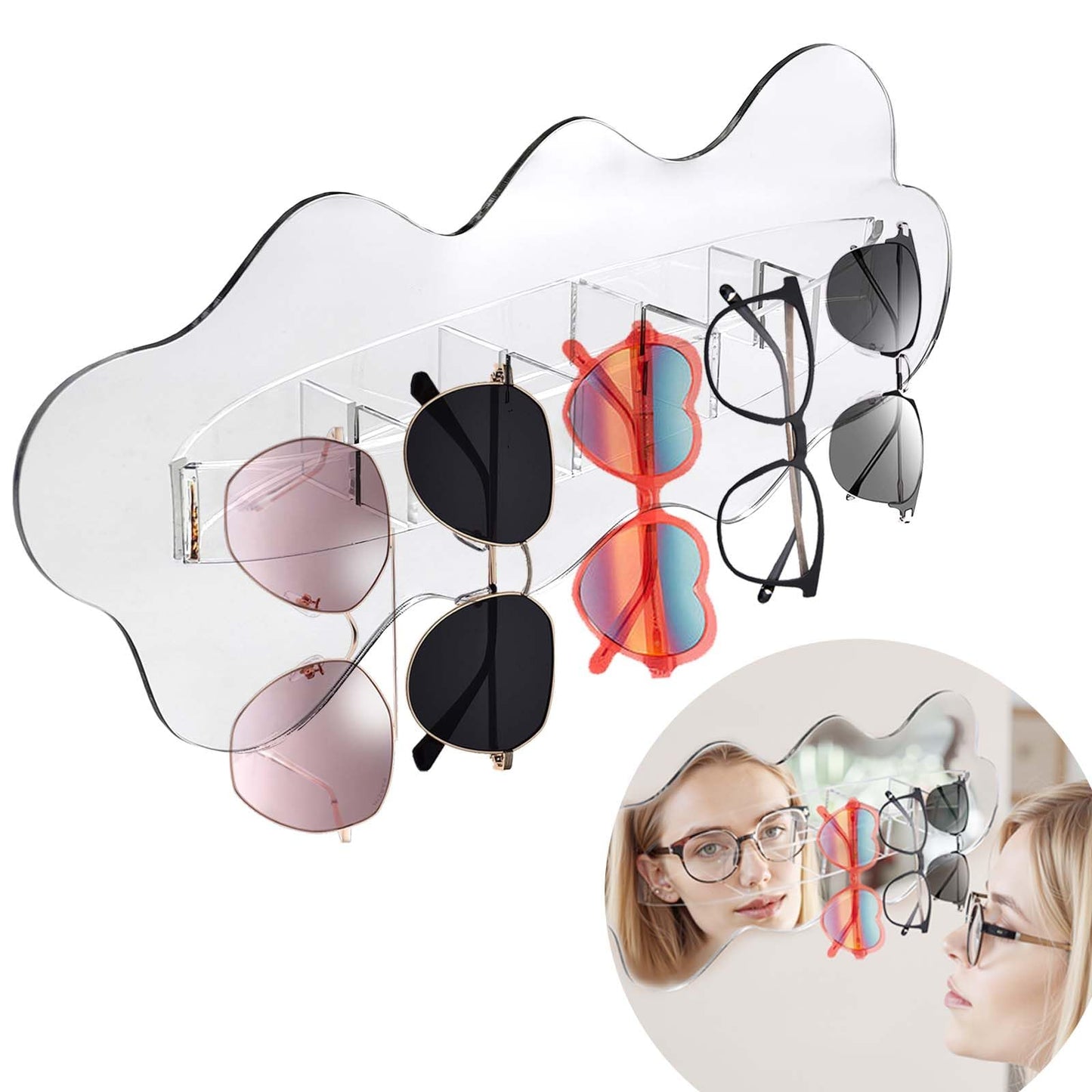 Daily Treasures Sunglasses Organizer with Mirror,Wall Mounted Eyeglasses Storage Organiser,Clear Acrylic Sunglasses Rack,Self-Adhesive Hanging