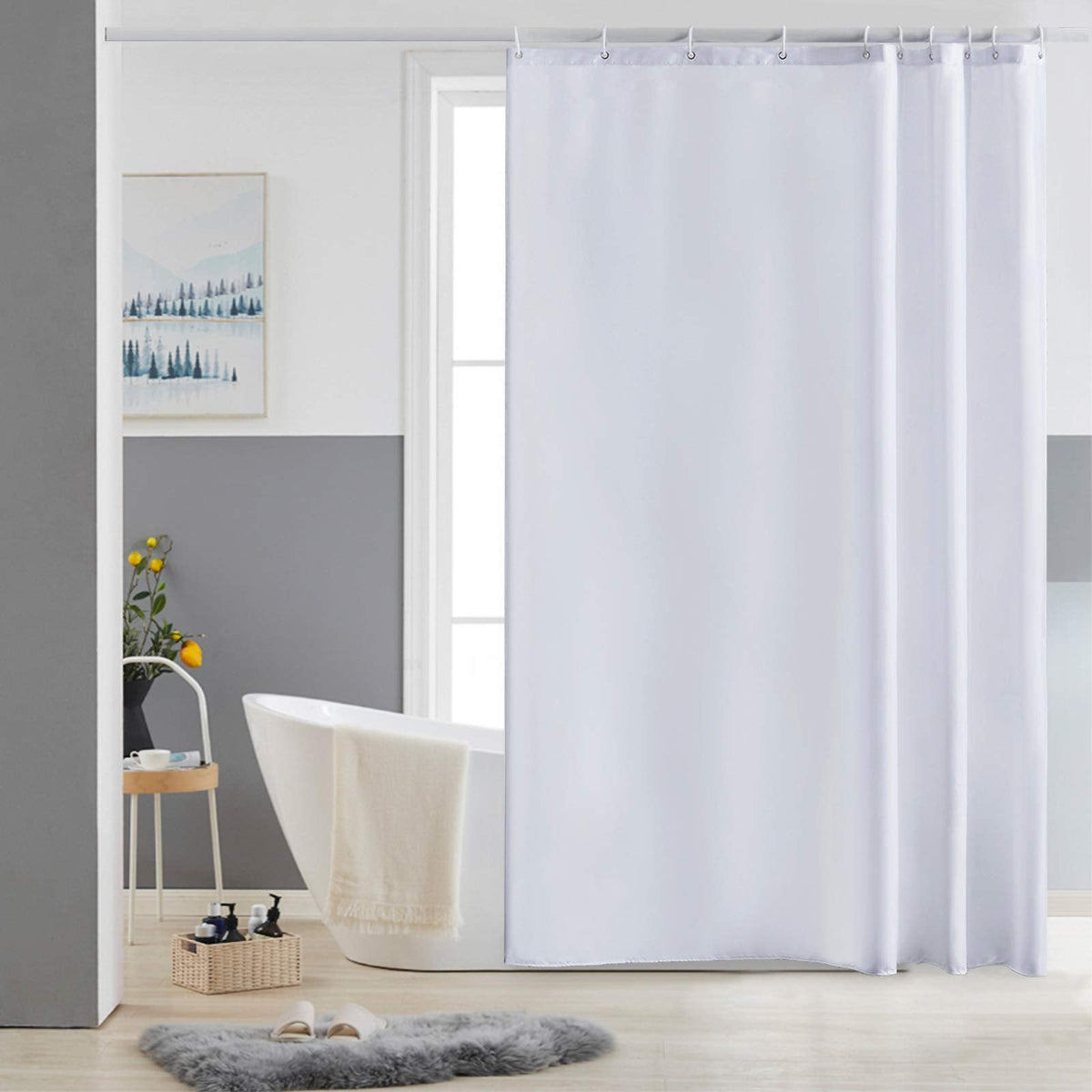 Furlinic White Shower Curtain Mould Proof Resistantand Waterproof Washable Polyester Fabric Bath Curtains with Weight Tape 10 Hooks for Wetroom 60x72