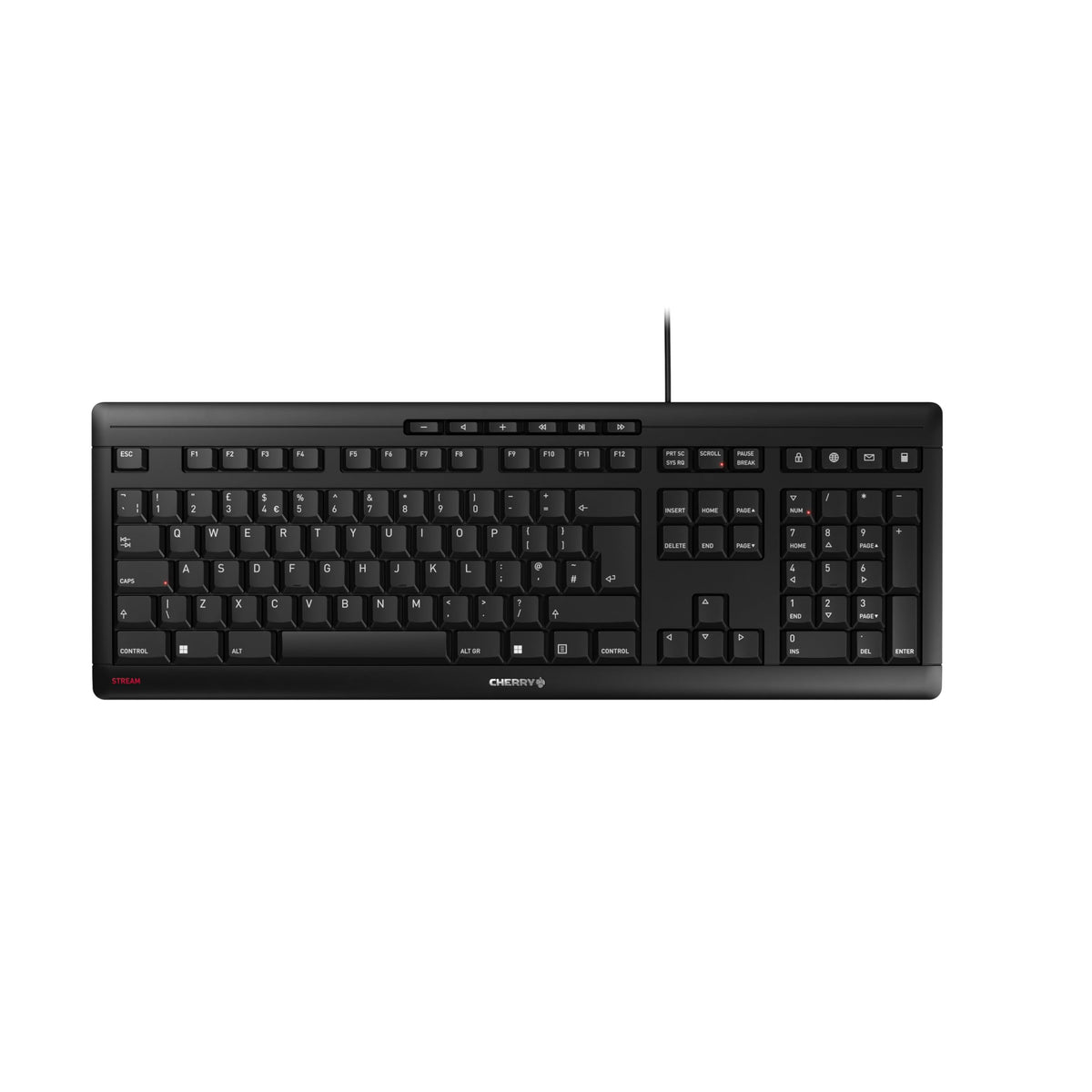 CHERRY STREAM KEYBOARD, Wired Keyboard, UK Layout (QWERTY), Whisper-Quiet Keystrokes, Unique Typing Experience, Flat Design, Black
