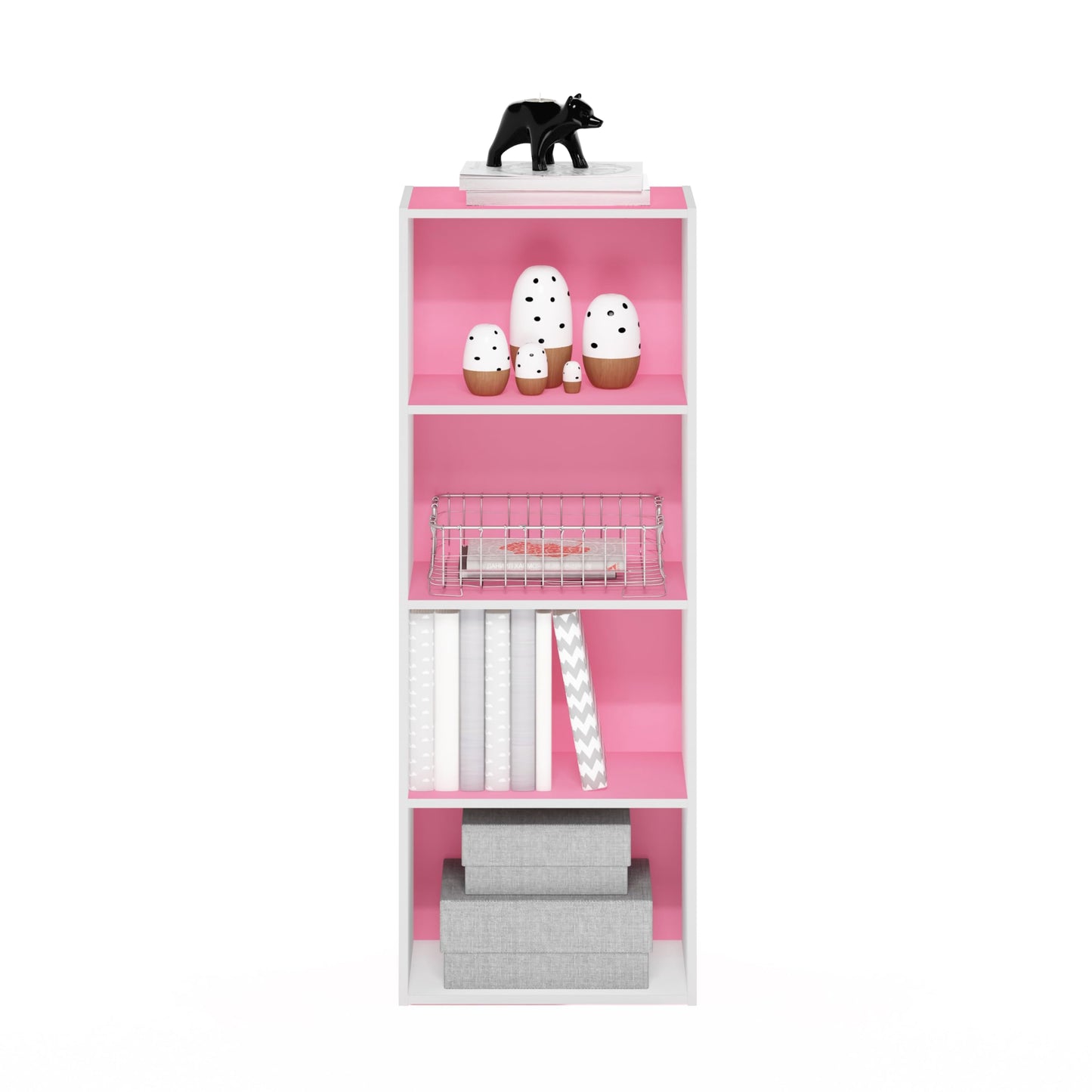 Furinno LUDER Book Shelf, 4-Tier Bookshelf, Bookcase with Open Shelf, 9.3 x 15.6 x 41.7, for Living Room, Bedroom, Home Office, Pink/White