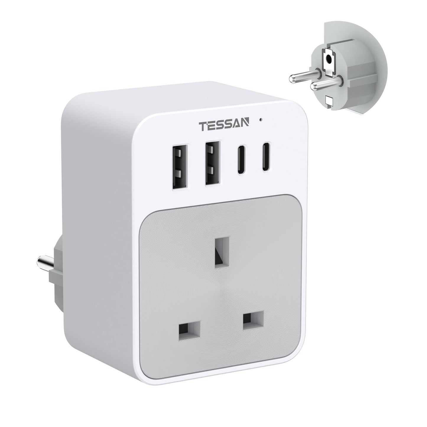 TESSAN UK to European Plug Adapter, 5 in 1 Travel Adapter with 2 USB C and 2 USB A, 3600W European Plug Adaptor, Type E F Travel for Spain France