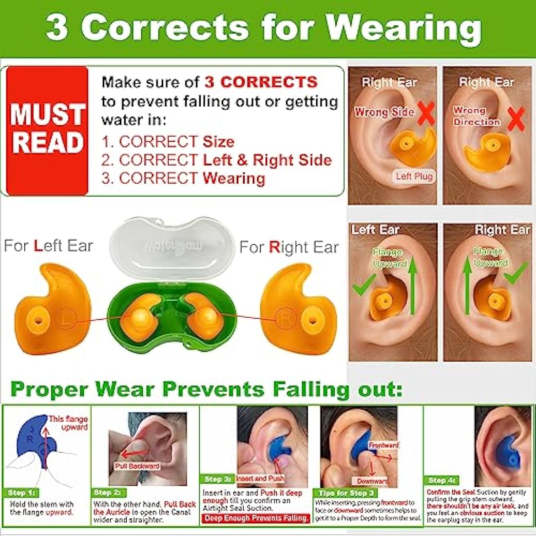 WaterDam Swimming EarPlugs Ultra Comfy Great Waterproof Prevent Swimmer'sEar(Size 2+2+2: Kids Teens MediumEar Women SmallEar Men (Green Orange Pink))