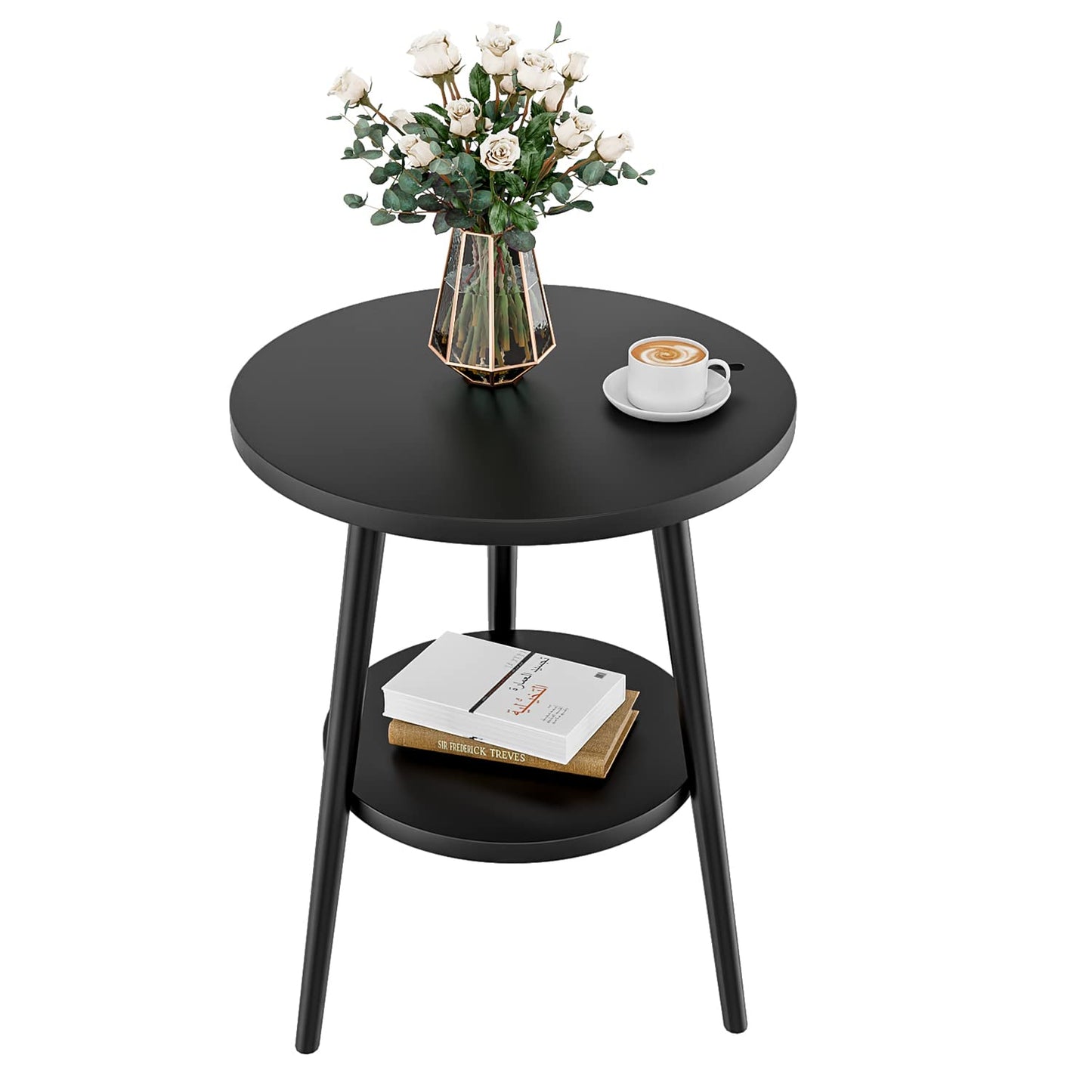 KZOBYD Round Side Table, 2 Tier End Tables With Round Wooden Top, 38 x 55cm