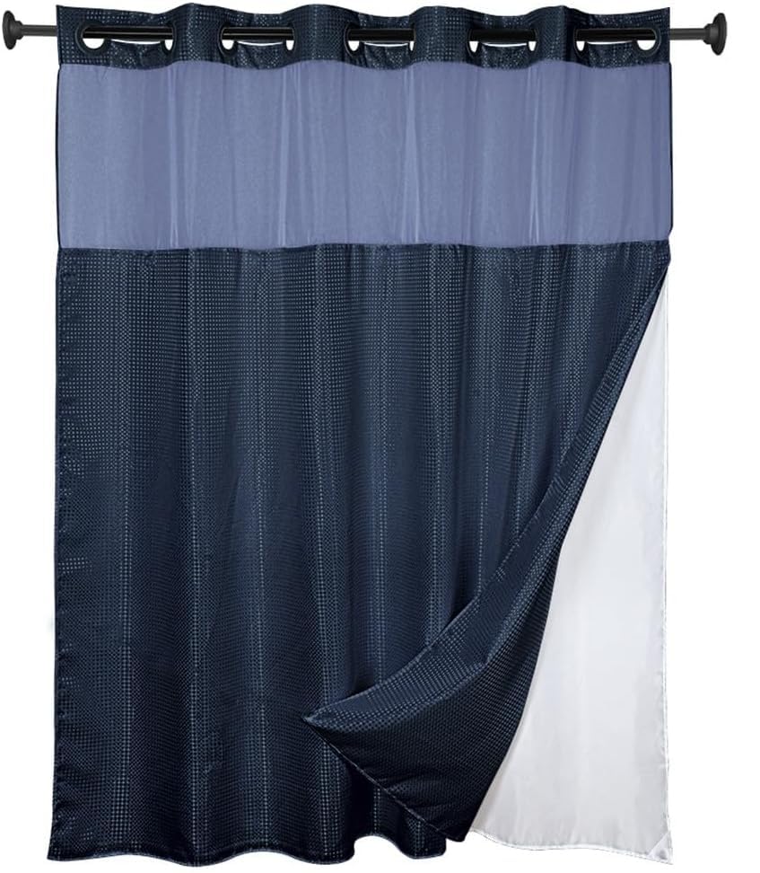 goodbath No Hook Shower Curtain and Liner Set,Luxury Waffle Bath Curtains for Bathroom Hotel, Mesh Top Window,Double Layer,180x188cm,Blue