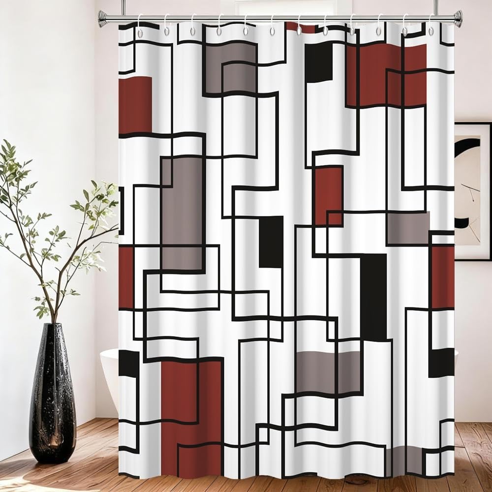 Xiaoterna Geometric Shower Curtain Abstract Red and Black Bathroom Curtain Modern Simplicity Geometric Square Waterproof Machine Washable Shower