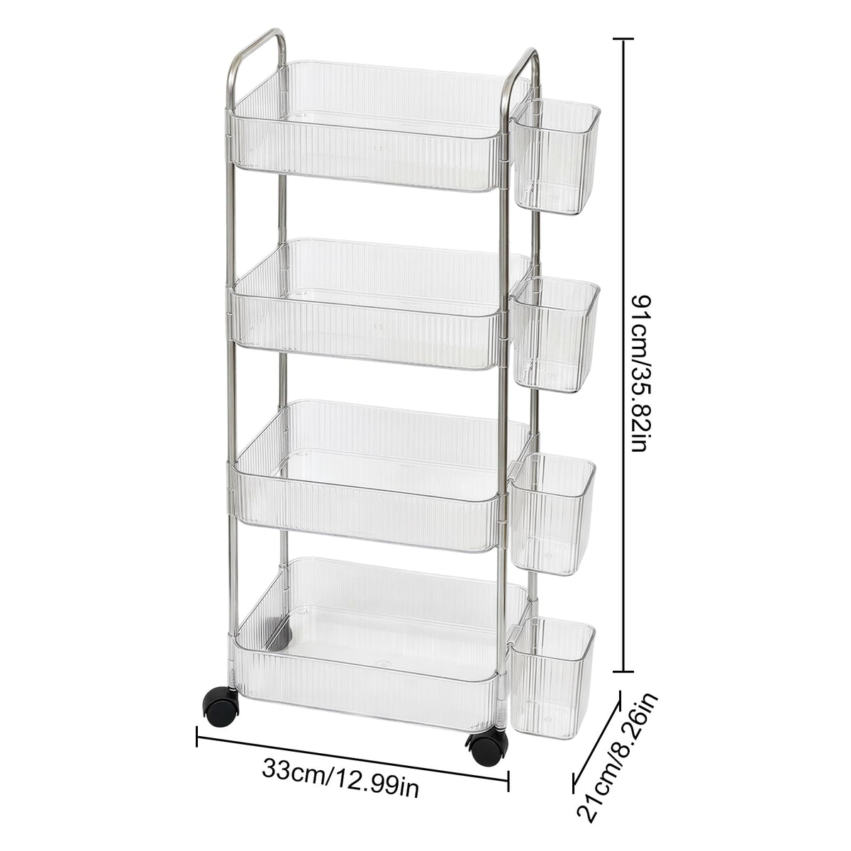Nidoul 4-Tier Acrylic Rolling Storage Cart,Storage Trolley Lockable Wheels with 4Pcs Extra Hanging Cups Handles for Bathroom,Kitchen Storage and