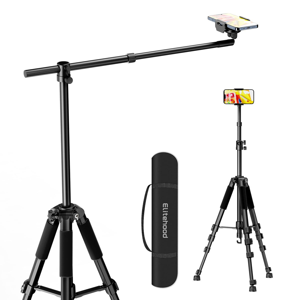 elitehood Phone Tripod for Overhead Video Recording ? Updated Horizontal 150cm Adjustable Tripod for iPhone with 64cm Long Extendable Arm, 360?
