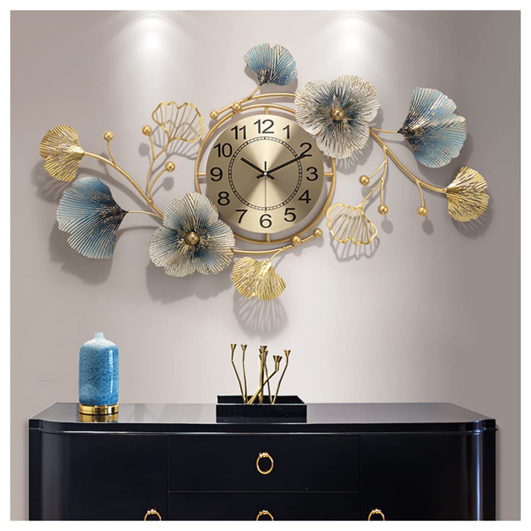 Large Silent Modern Decorative Wall Clock,Elegant Wrought Iron Wall Clocks Ginkgo Leaf Mute Wall Quartz Clock for Living Room Bedroom Hotel Porch (83