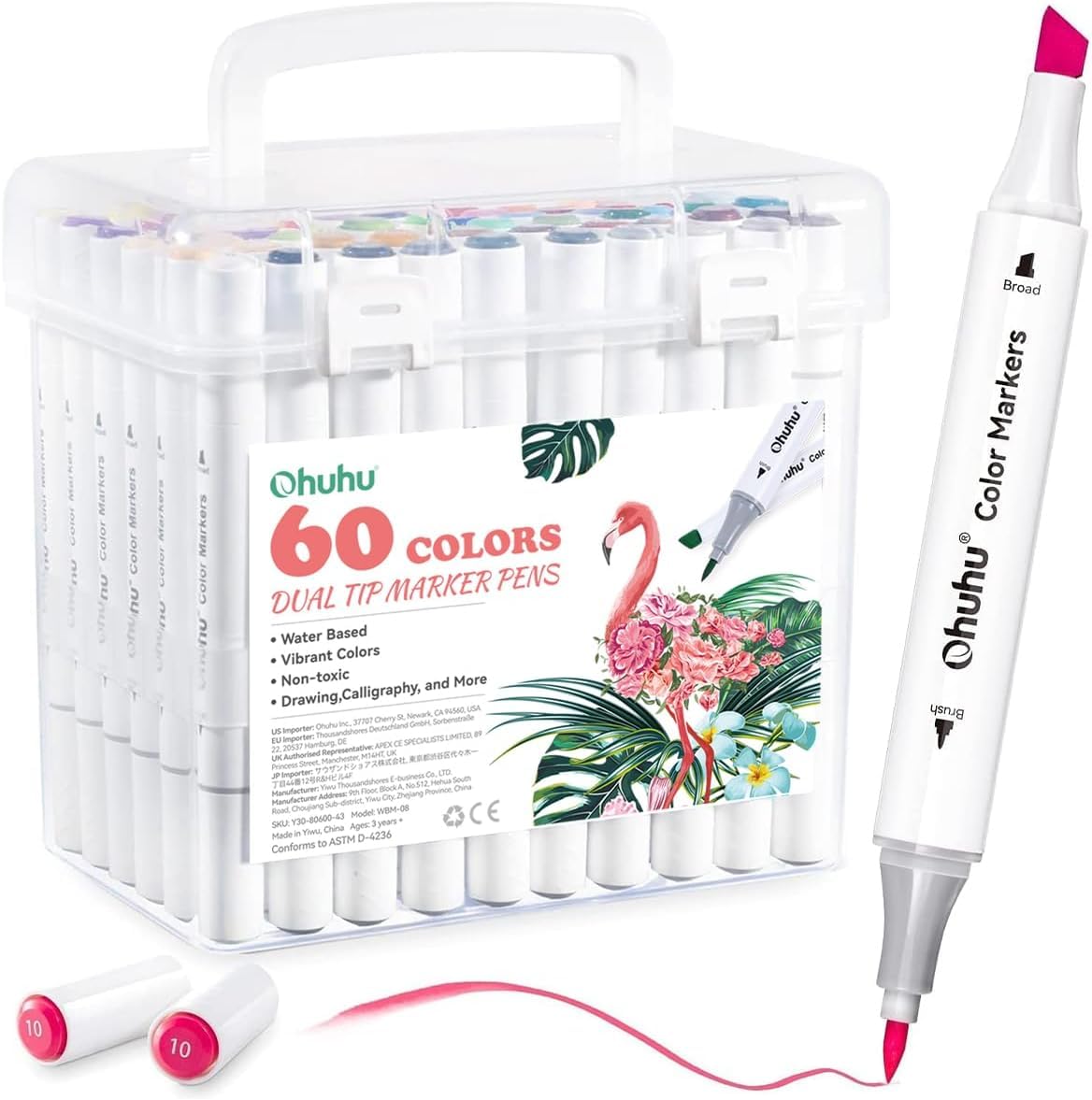 Ohuhu Water-Based Markers 60 Colours, Dual Tip Colouring Pens for Anime and Manga, Sketching, Drawing, Art Markers Set with 1 Colourless Blender and