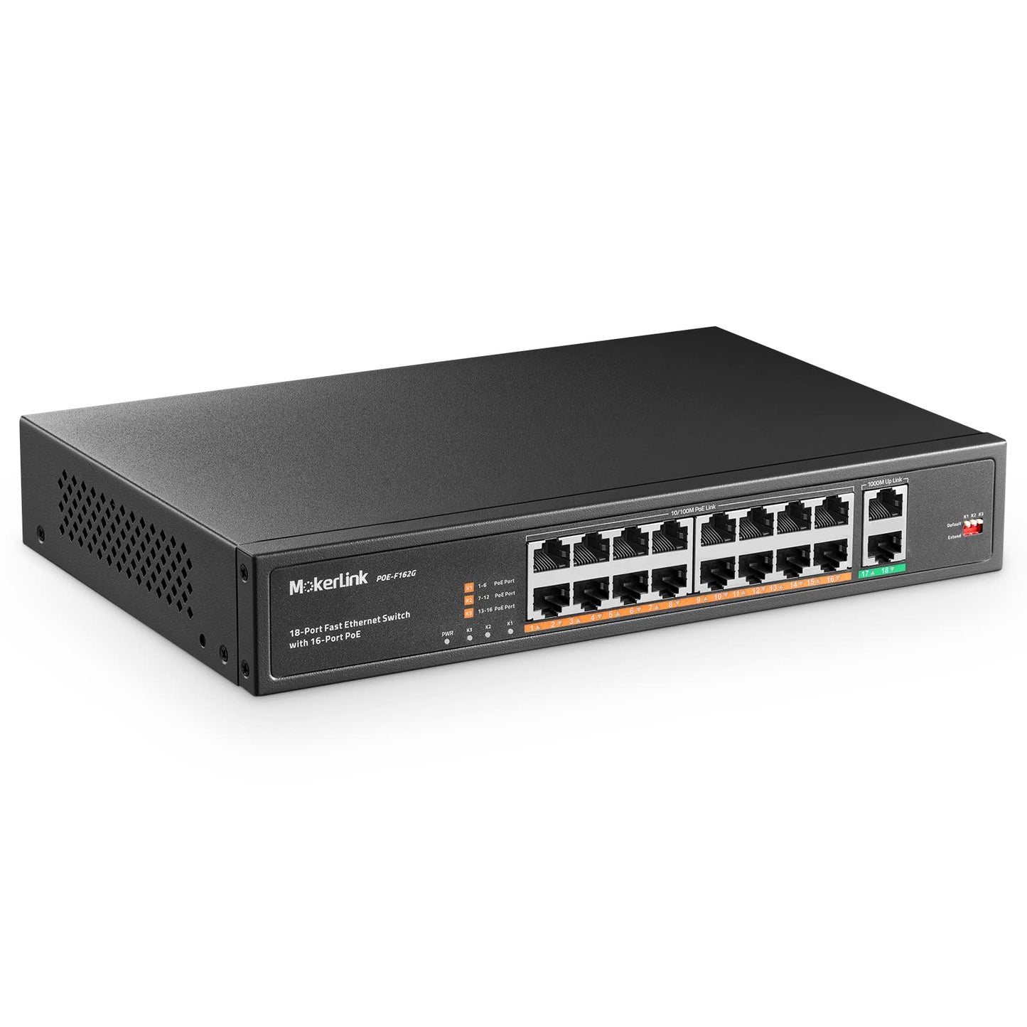 MokerLink 18 Port PoE Switch,16 PoE+ Port 100Mbps, 2 Gigabit Uplink, 250W High Power, Support IEEE802.3af/at, Rackmount Unmanaged Plug and Play