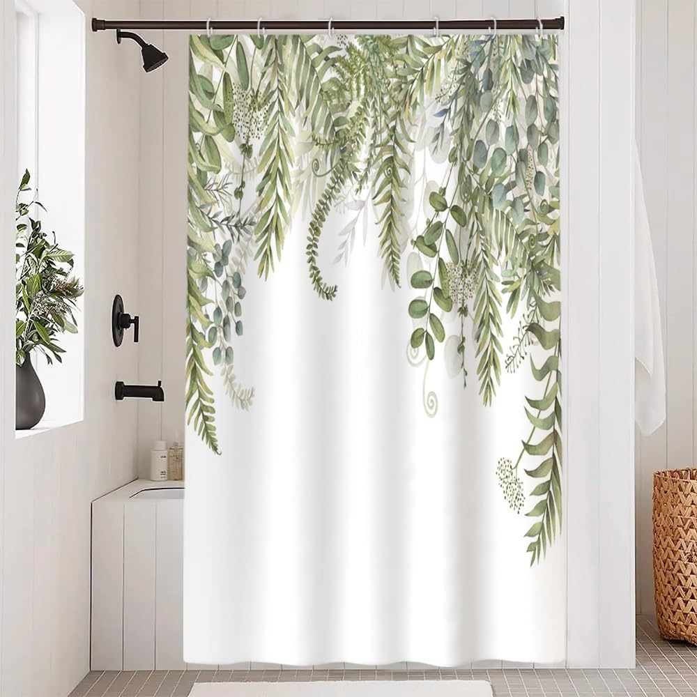 Uiiooazy Green Eucalyptus Shower Curtain, Sage Green Leaves Pattern Bath Curtain Mildew and Mould Resistant Waterproof Polyester Fabric Washable