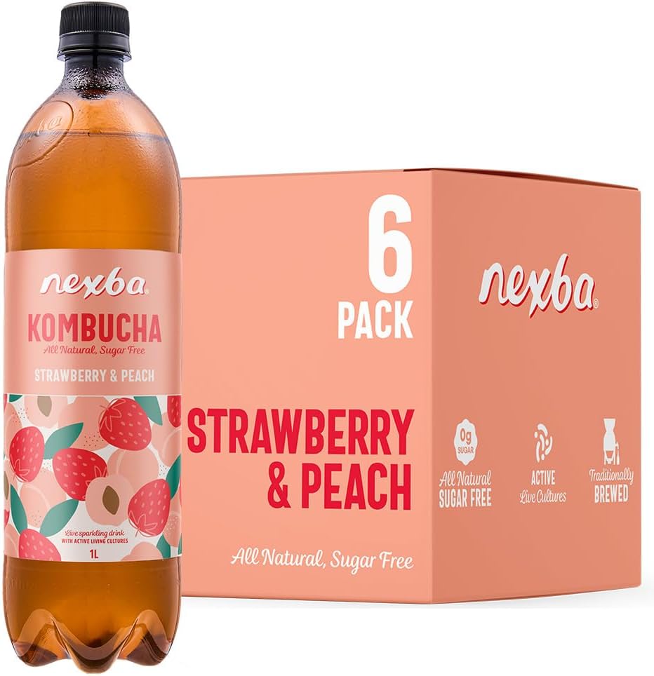 Strawberry & Peach Kombucha 1 L (Pack of 6) – All Natural, Sugar Free & Healthy Fruit‑Powered Probiotic Beverage