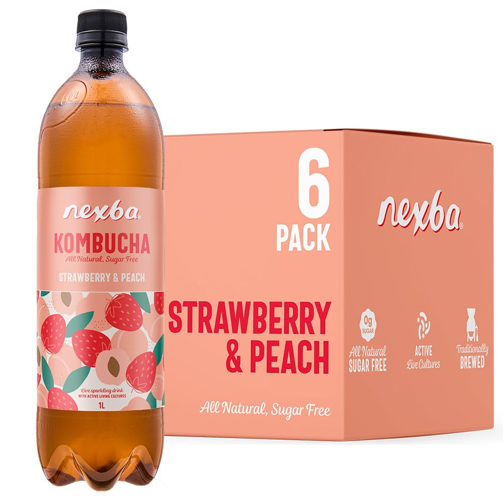 Nexba Strawberry & Peach Kombucha 1?L (Pack of 6) ? All Natural, Sugar Free & Healthy Fruit?Powered Probiotic Beverage