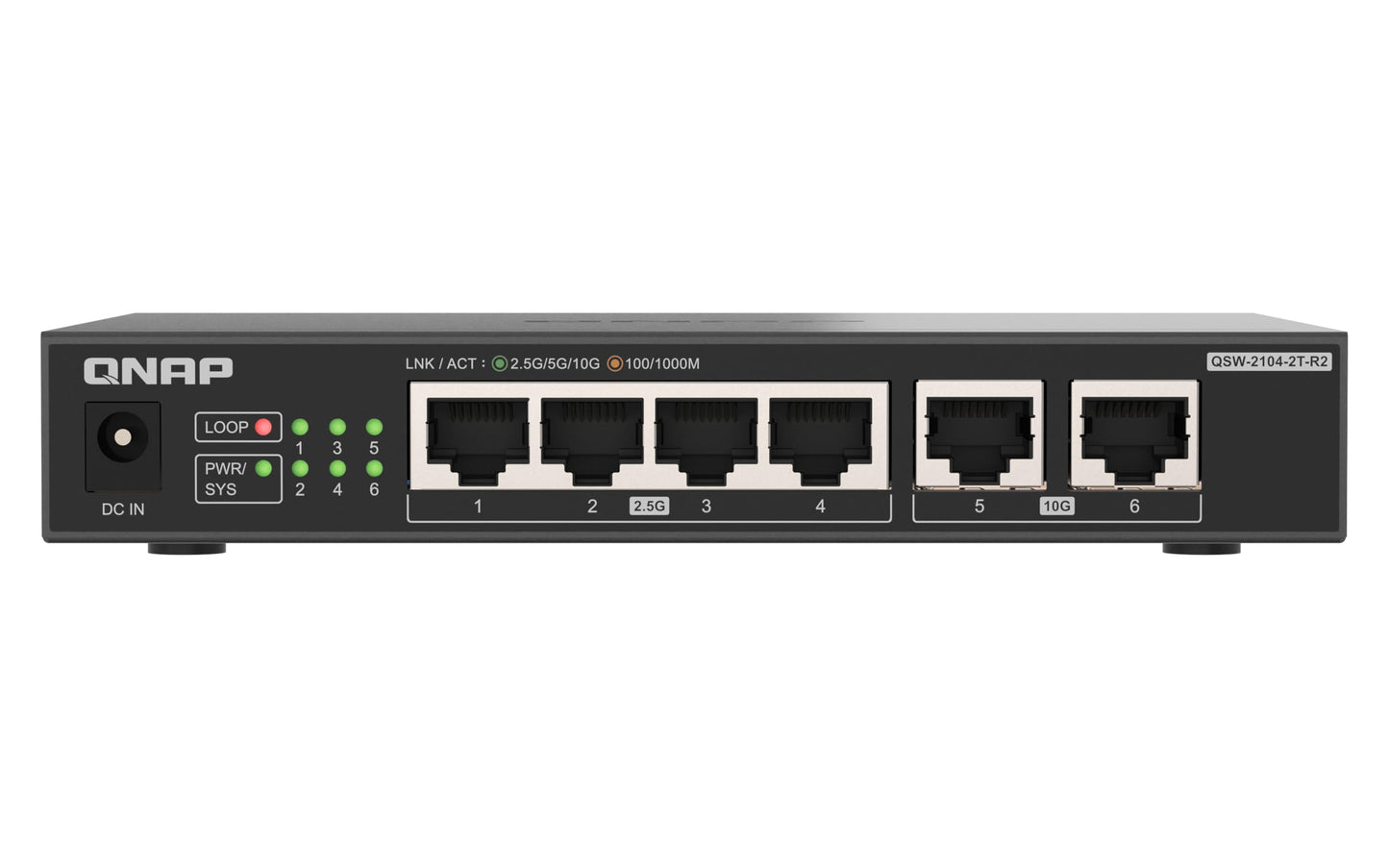 QNAP 4-port 2.5GbE and 2-port 10GbE Multi-Gig unmanaged switch. Affordably upgrade to high-speed networking (QSW-2104-2T-R2)