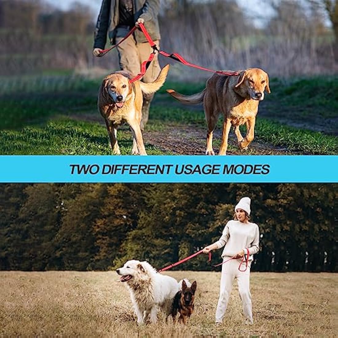 PetBonus Double Dog Leash, No Tangle Dual Leash, Reflective Walking Training Lead, 4 Comfortable Padded Handles for 2 Dogs with Collapsible Bowl and Waste Bags (Red, Large)