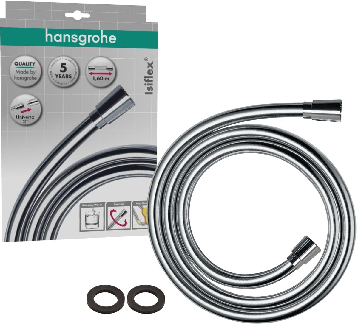 Hansgrohe Isiflex - universal fit shower hose 1.60 m, tangle free, flexible shower head hose anti-kink, incl. sealing rings, chrome, 28276000
