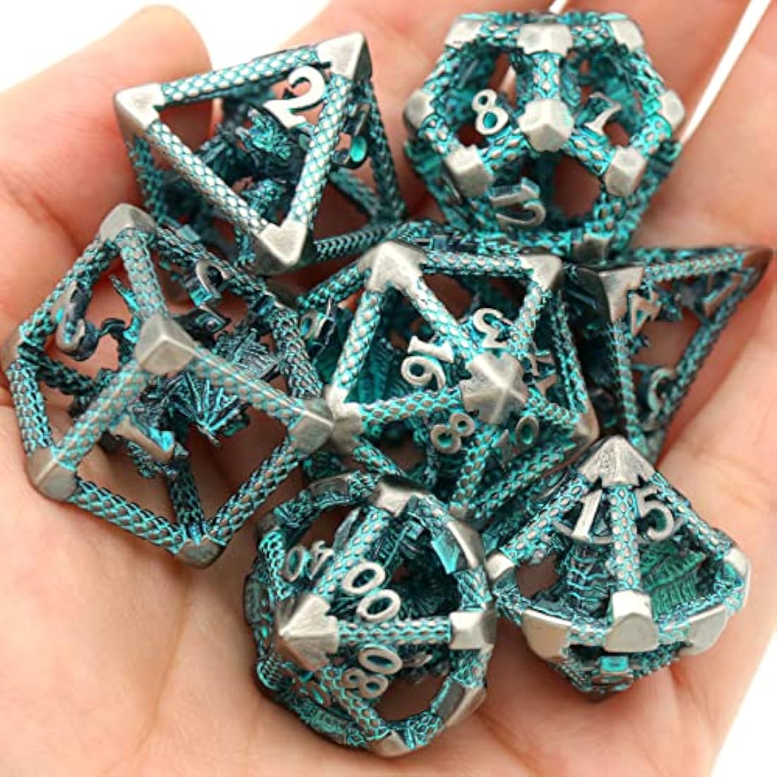 D&D Hollow Metal Polyhedral Dice Set for RPG and Tabletop Games - 3D Silver Blue
