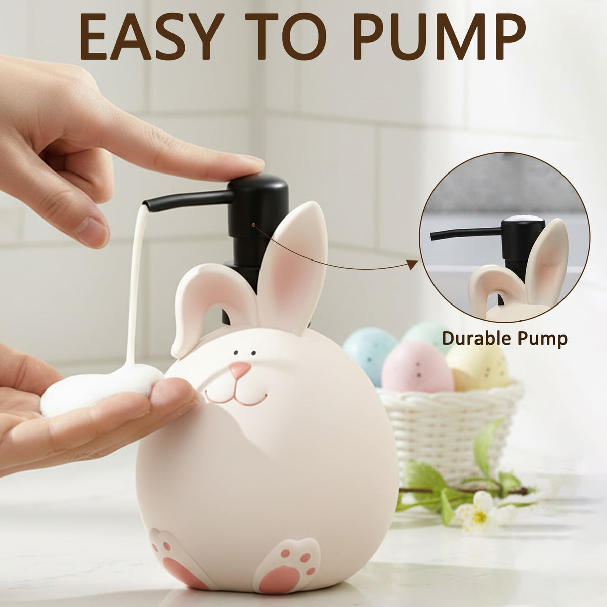 Blissilk 500ml Chubby Rabbit Design Resin Cute Soap Dispenser Refillable Liquid Soap Dispenser with Easy Pump