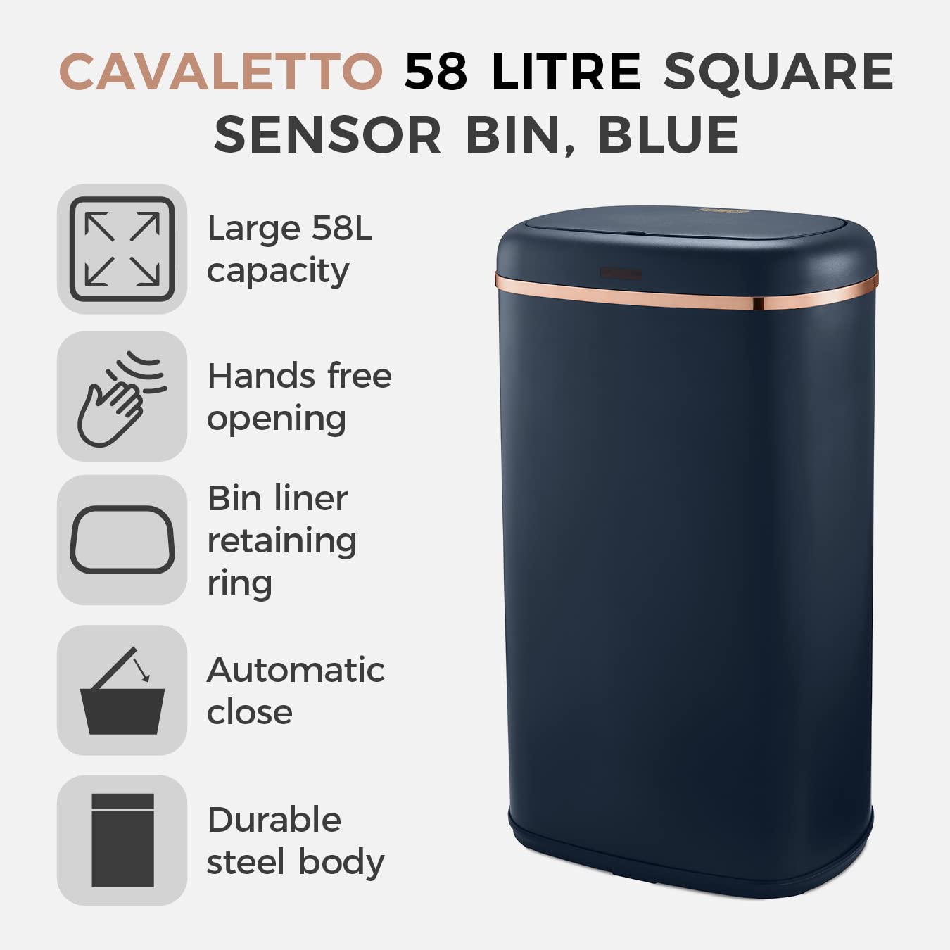 Tower T838010MNB Cavaletto Square Sensor Bin, 58L, Midnight Blue and Rose Gold
