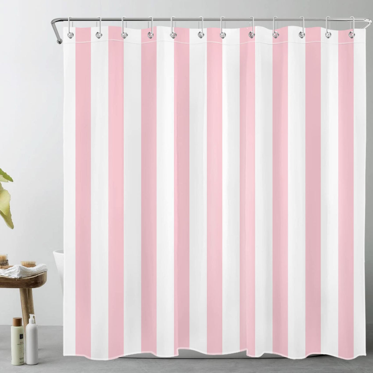 LB Pink and White Striped Shower Curtain Simple Geometric Art Shower Curtains for Bathroom Minimalist Polyester Anti Mould Waterproof Extra Long Bath