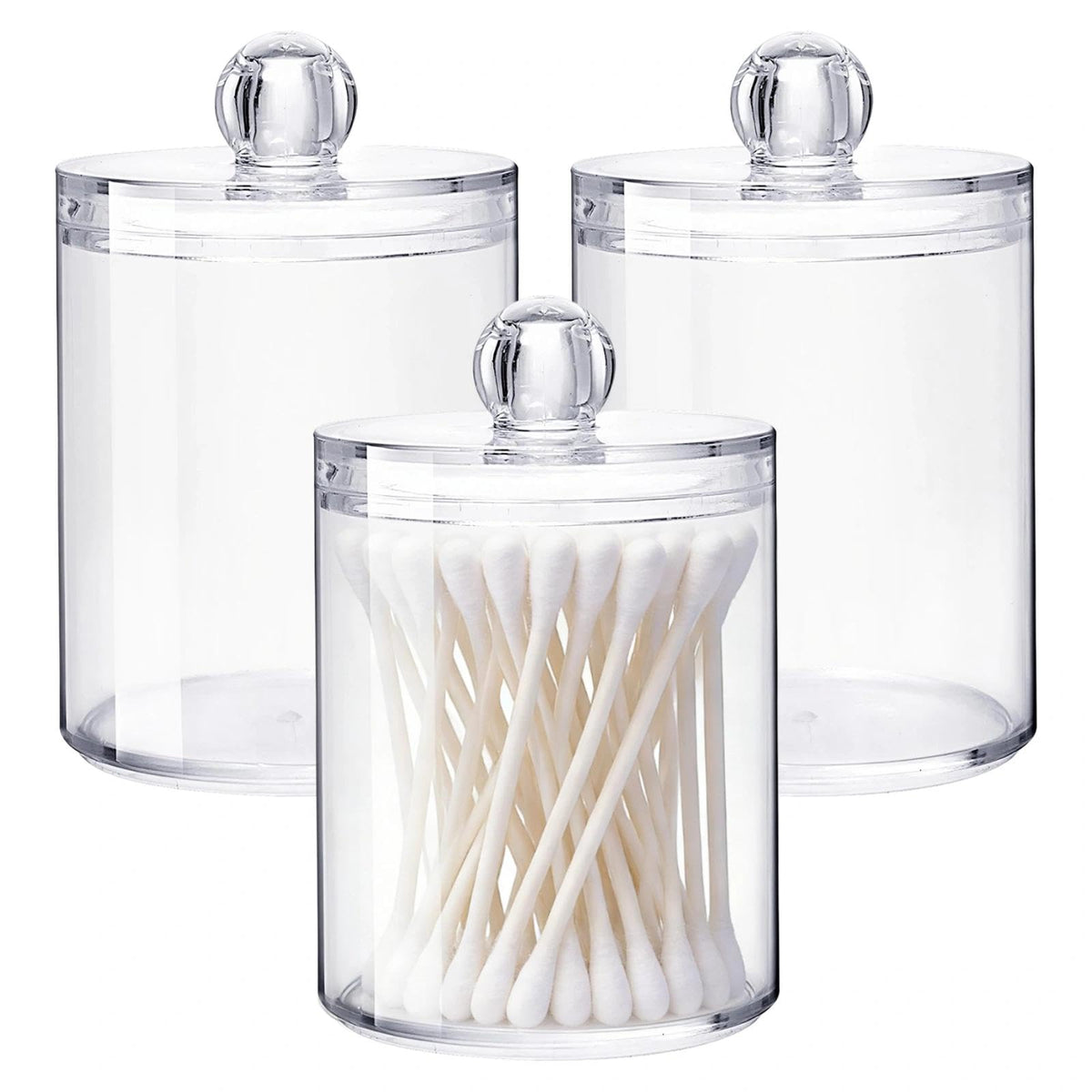 YANKOIUK 3 Pack Cotton Bud Holder, Clear Plastic Storage Jars with Lids