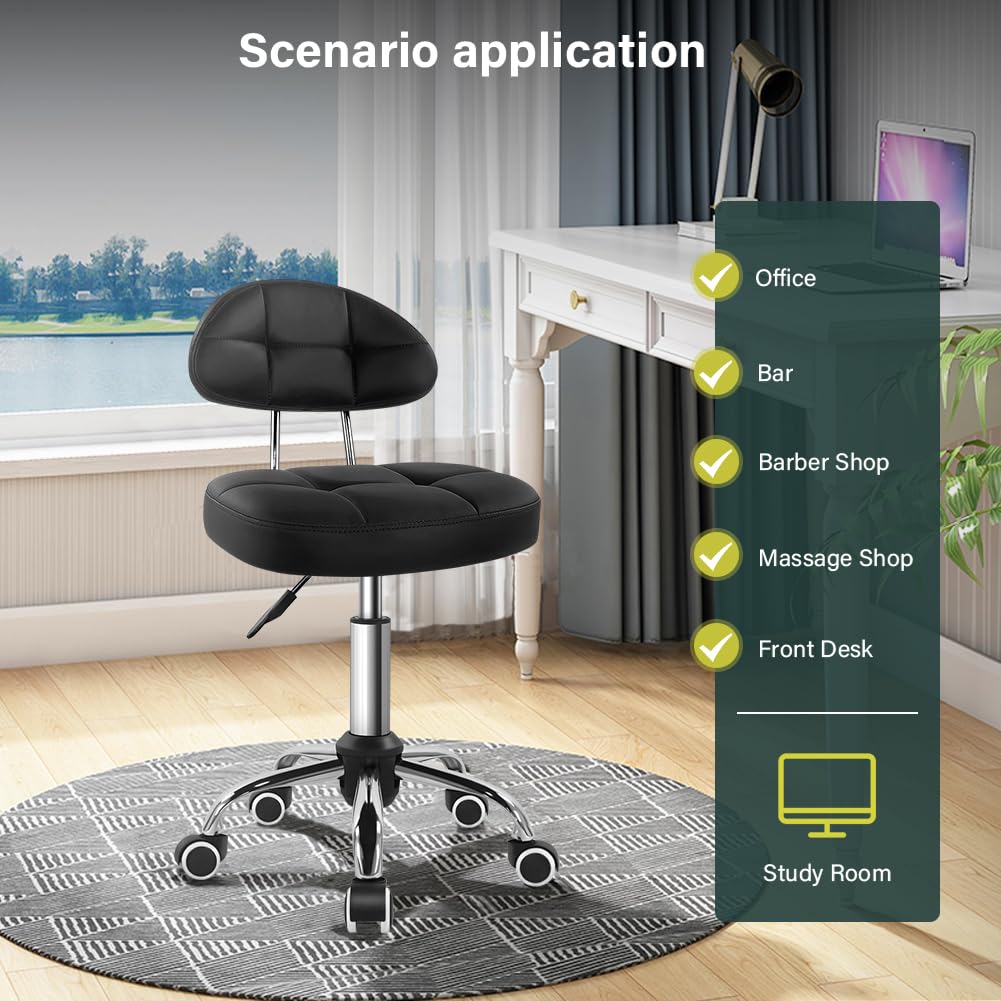 BFTOU Square Swivel Stool on Wheels Perfect for Work SPA Shop Massage Height-Adjustable and Cost-Effective Rolling Stool Chair with Back White (BLACK)