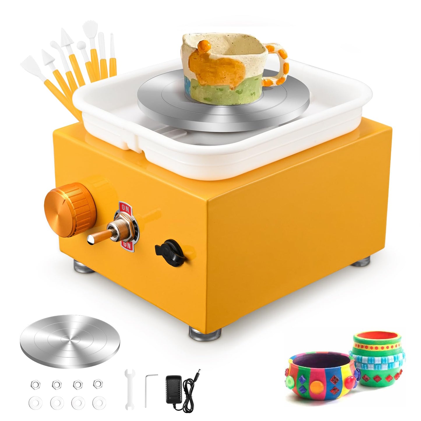 Mini Electric Pottery Wheel, Couleeur 2000RPM & 10/6.5cm Plates Turntable Pottery Machine, Adjustable Speed Pottery Wheel with Shaping Tools for