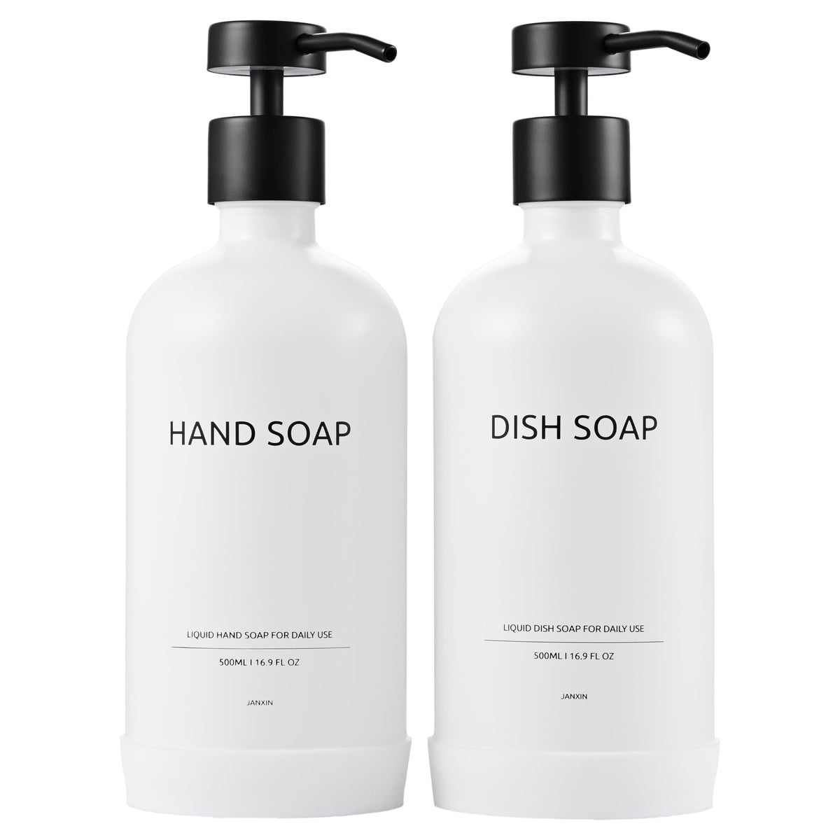 Janxin Set of 2 Glass Soap Dispenser 500 ml, Soap Dispenser Black Glass, Soap Dispenser White, and Non-Slip Silicone Protective Underlay (White bottle