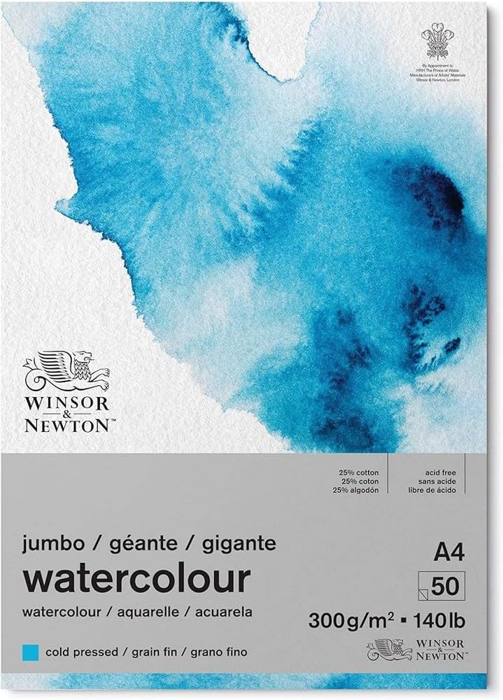 Winsor & Newton 6667010 Classic Watercolour Paper in Jumbo Pad - 50 Sheets A4, 300 g/m?, Glued, Cold-Pressed, Lightly Textured White Paper in Archival
