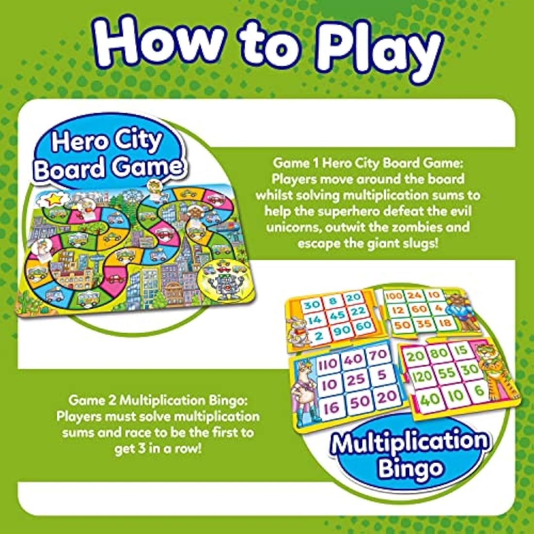 Orchard Toys Times Tables Heroes - 2 in 1 Maths Games for Kids with Multiplication Bingo and Counting Board Game - Children’s Learning and Educational Math Games for 6-9 Year Olds - 2-4 Players