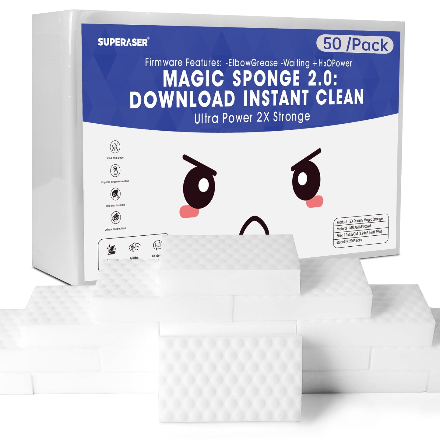 Magic Sponge Bulk 50 Pack, Textured MEGA-50 | Long Lasting Value Supply for Heavy-Duty Cleaning | All-Purpose Melamine Foam Pads