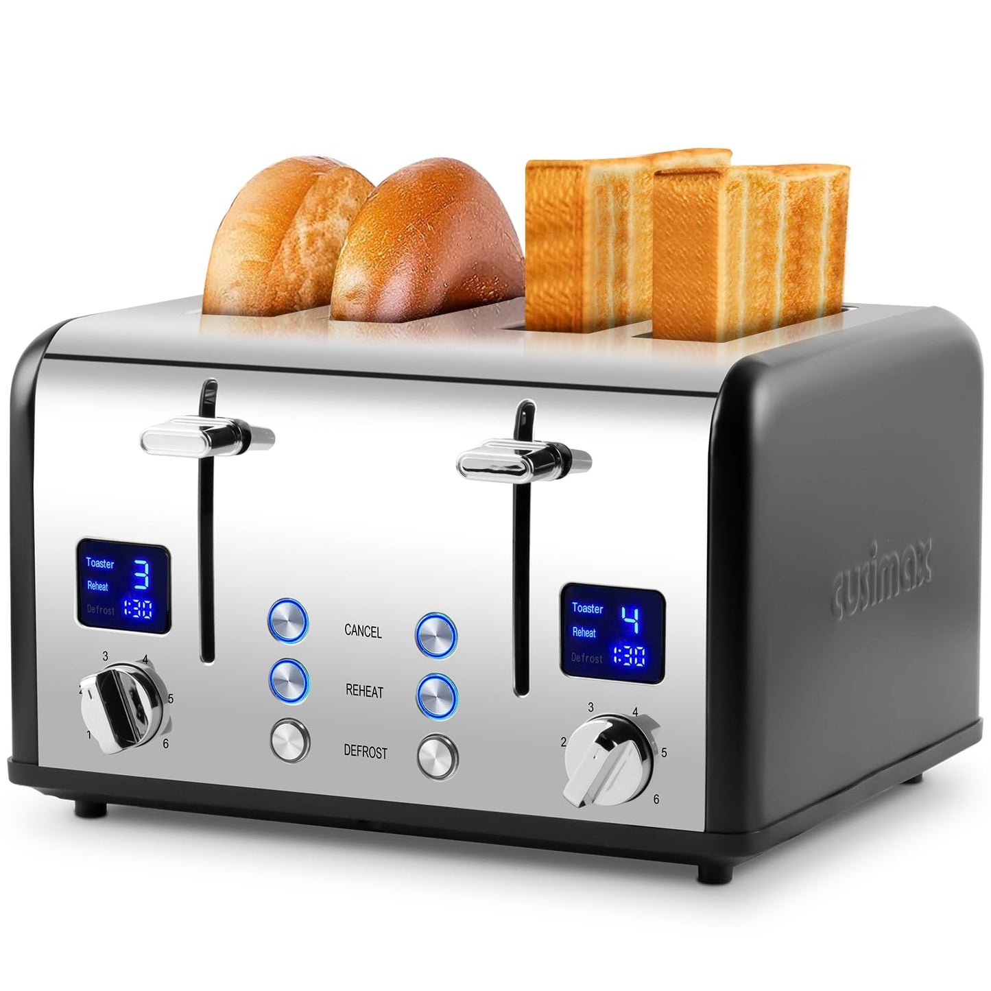 Toaster 4 Slices, Cusimax Stainless Steel Toaster with Ultra-Clear LED Display & 4 Extra-Wide Slots, Defrost/Reheat/Cancel Function, 6 Browning