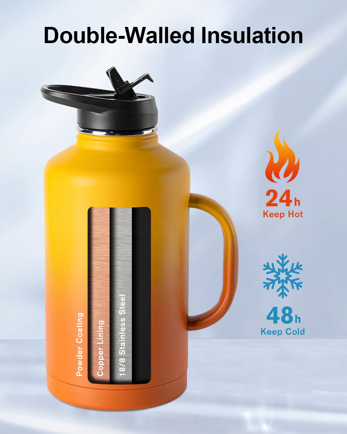 Trebo Insulated Water Bottle 2L, Stainless Steel Water Bottle 2L Metal Bottle 2L with Handle Metal Large Jug Travel Flask with Straw Spout Lid Mug
