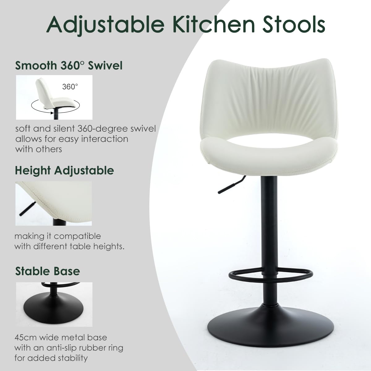 YOUNUOKE Bar Stools Set of 2, Adjustable Breakfast Bar Stools, White