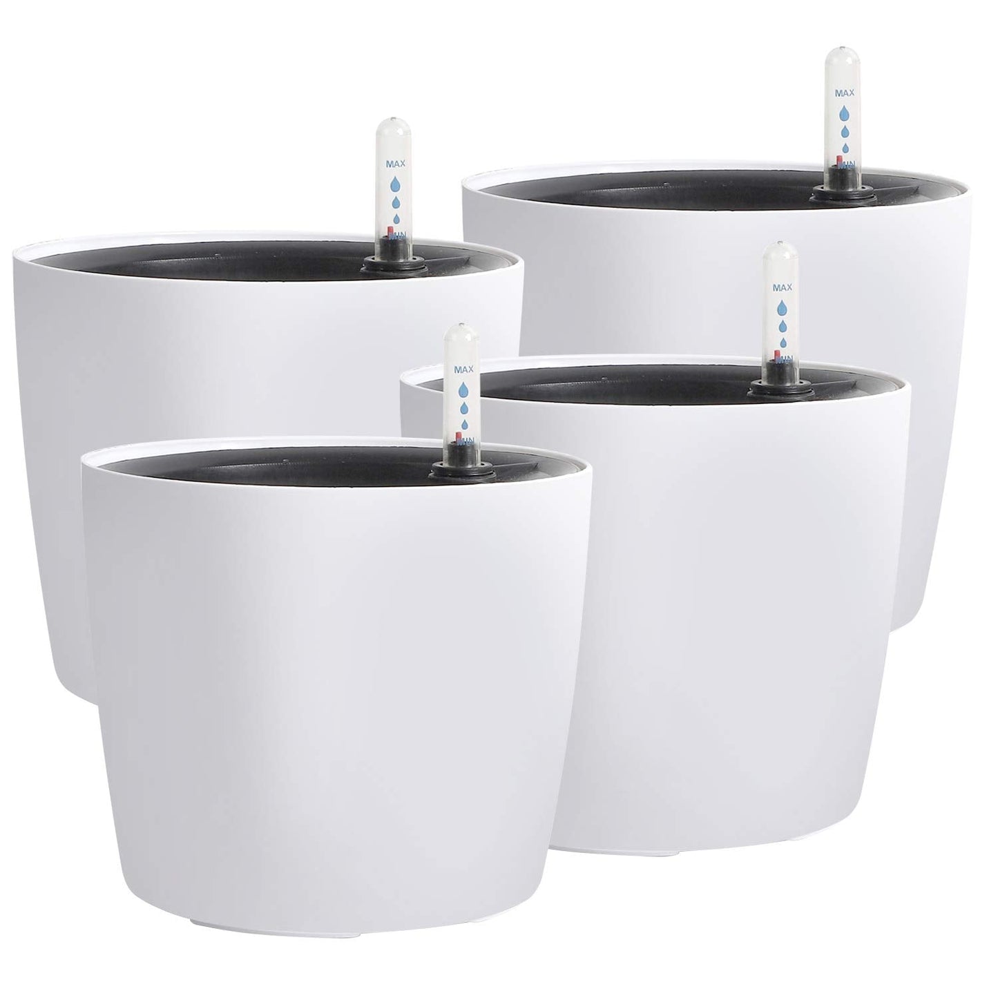 KINJOEK 4 Packs 7 Inch Self Watering Planter with Water Level Indicator, Modern Garden Decorative White Flower Pot for House Plants, Flowers, African