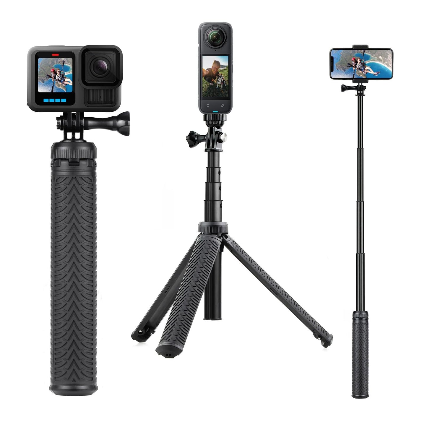 SOONSUN 3in1 Aluminum Waterproof Selfie Stick for GoPro Hero 13 12 11 10 9 8 7 6 5 4, Fusion, Max, Session, Insta360, AKASO, SJCAM, Osmo Action Camera