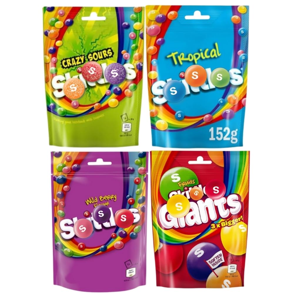 Assorted Fruit-Flavoured Chewy Sweets Sharing Pouches ? Wild Berry, Tropical, Fruit Giants & Sour Mix (Pack of 4)