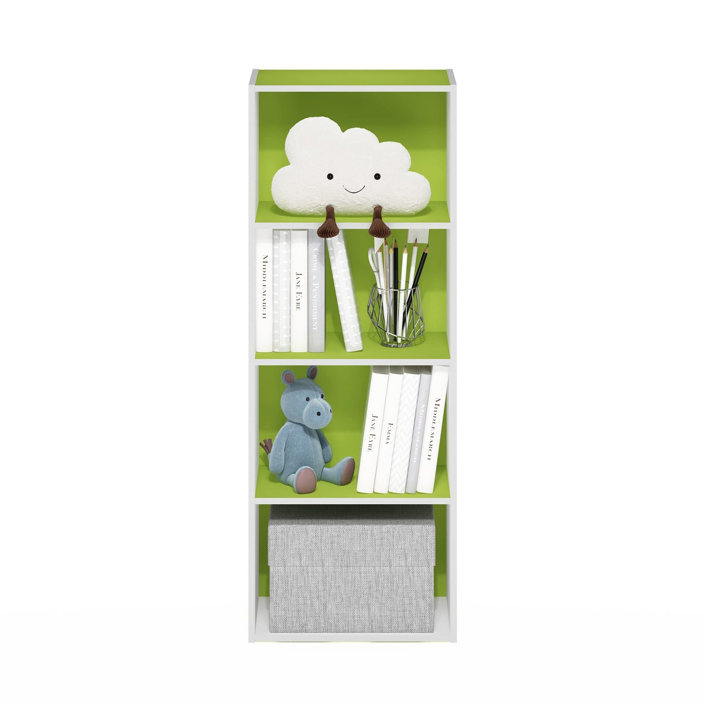 Furinno LUDER Book Shelf, 4-Tier Bookshelf, Bookcase with Open Shelf, 9.3 x 15.6 x 41.7, for Living Room, Bedroom, Home Office, Green/White