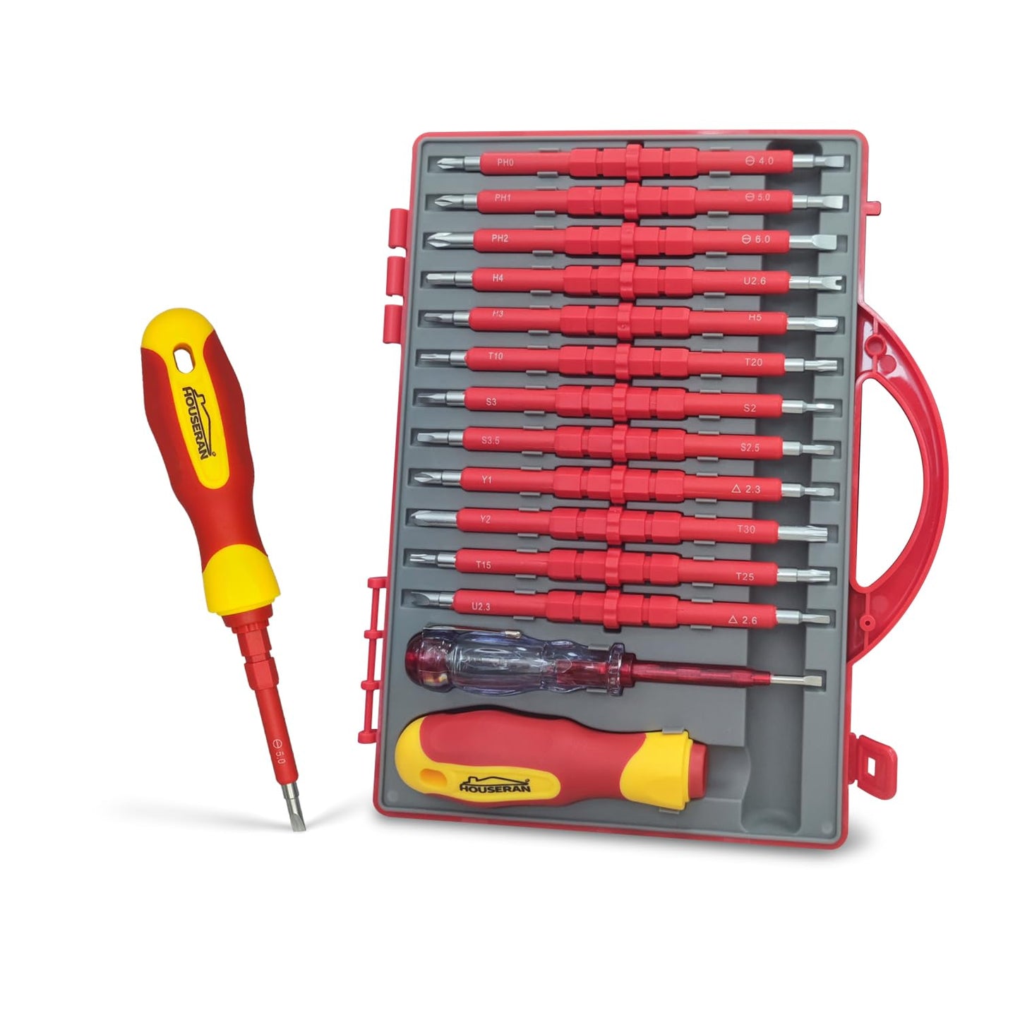 Insulated Screwdriver, HOUSERAN 26 Pcs Screwdriver Set, Magnetic Tip Electrician Tools Kit with Case, Screw Driver with Interchangeable Blades,