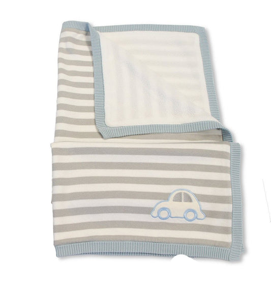 Supersoft Superior Luxurious Knitted Grey Stripe Blue Car Pram/Crib Blanket