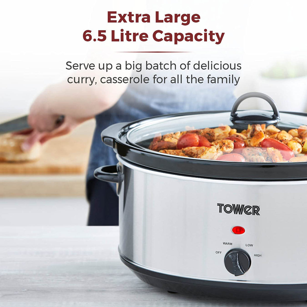 Tower T16040Y Slow Cooker with 3 Heat Settings and Removable Dishwasher Safe Crock Pot, 6.5 Litre, 300W, Stainless Steel