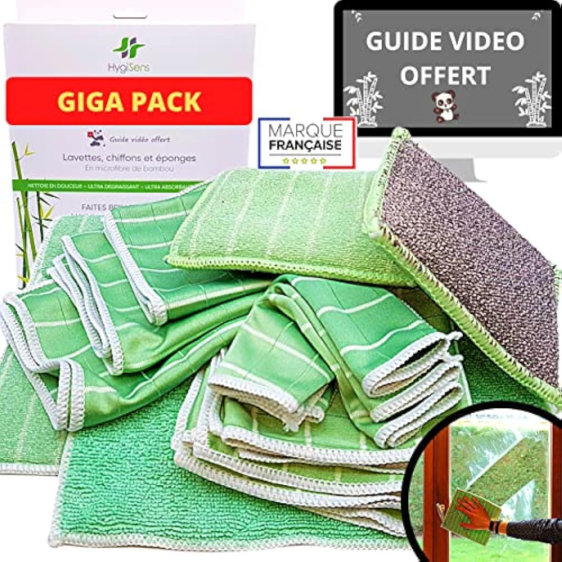 Kit de 10 Chiffons Bambou Microfibres, Lavettes et Eponges Lavables Qualité Premium - Nettoyer Vitres Sans Traces, Voiture, Plaque de Cuisson, Inox, Lunettes, Moto – Essuie-Tout Magique Anti Poussière