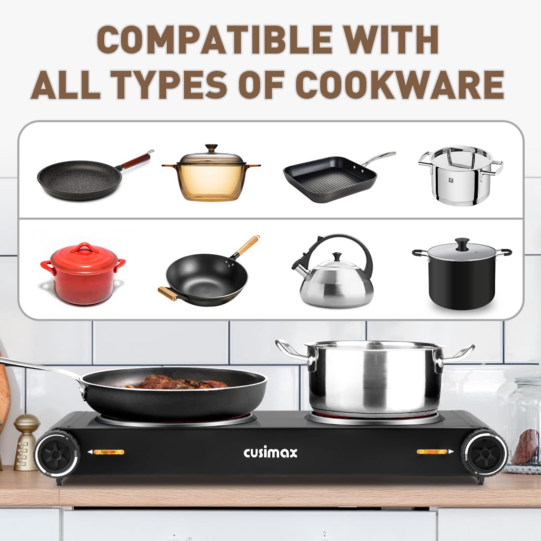 CUSIMAX Double Hobs with Concealed Handle, 2400W Electric Hob, Hot Plate for Cooking Portable Infrared Cooktop, Camping Hob, Dual Temperature