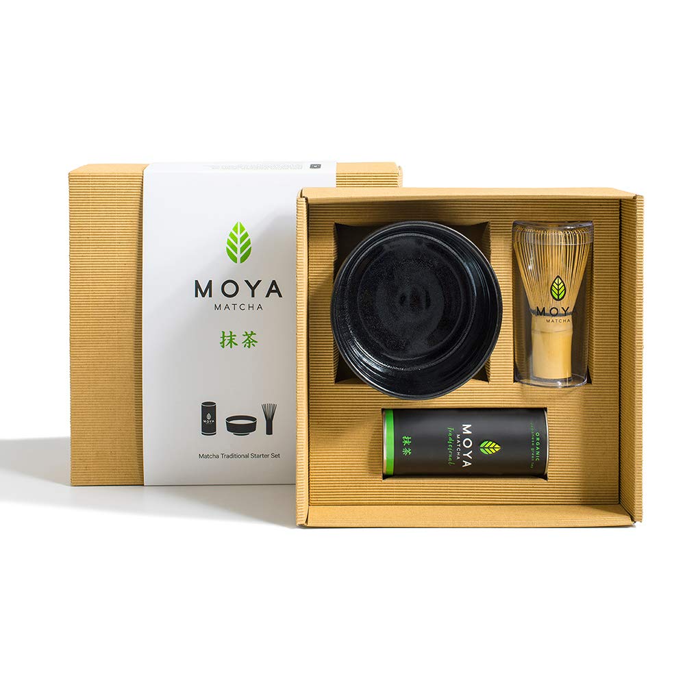 Organic Moya Matcha Green Tea Set | 30g Traditional Grade (II) Pack + Black Bowl + Whisk | Traditional Grade Gift Powder Green Preparation Starter