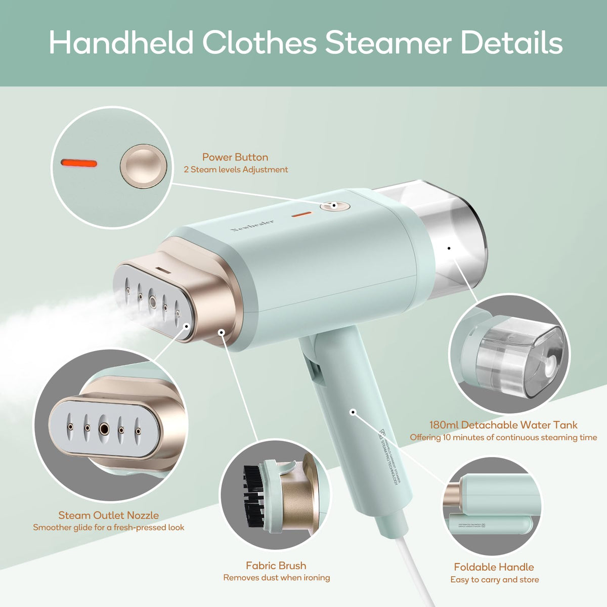 Newbealer Clothes Steamer, Portable Handheld Steamer for Clothes, 20s Fast Heat Up, 1200W 180ml Detachable Water Tank, Horizontal & Vertical Steaming